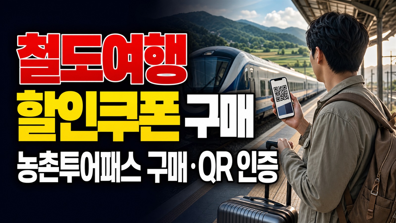 승차 5일 전이면 늦는다, 인구감소지역 철도여행×농촌투어패스 구매 조건 · 인구감소지역 기차여행 50% 할인쿠폰 QR 인증 기준 관련 핵심 정보를 상징적으로 보여주는 썸네일 이미지