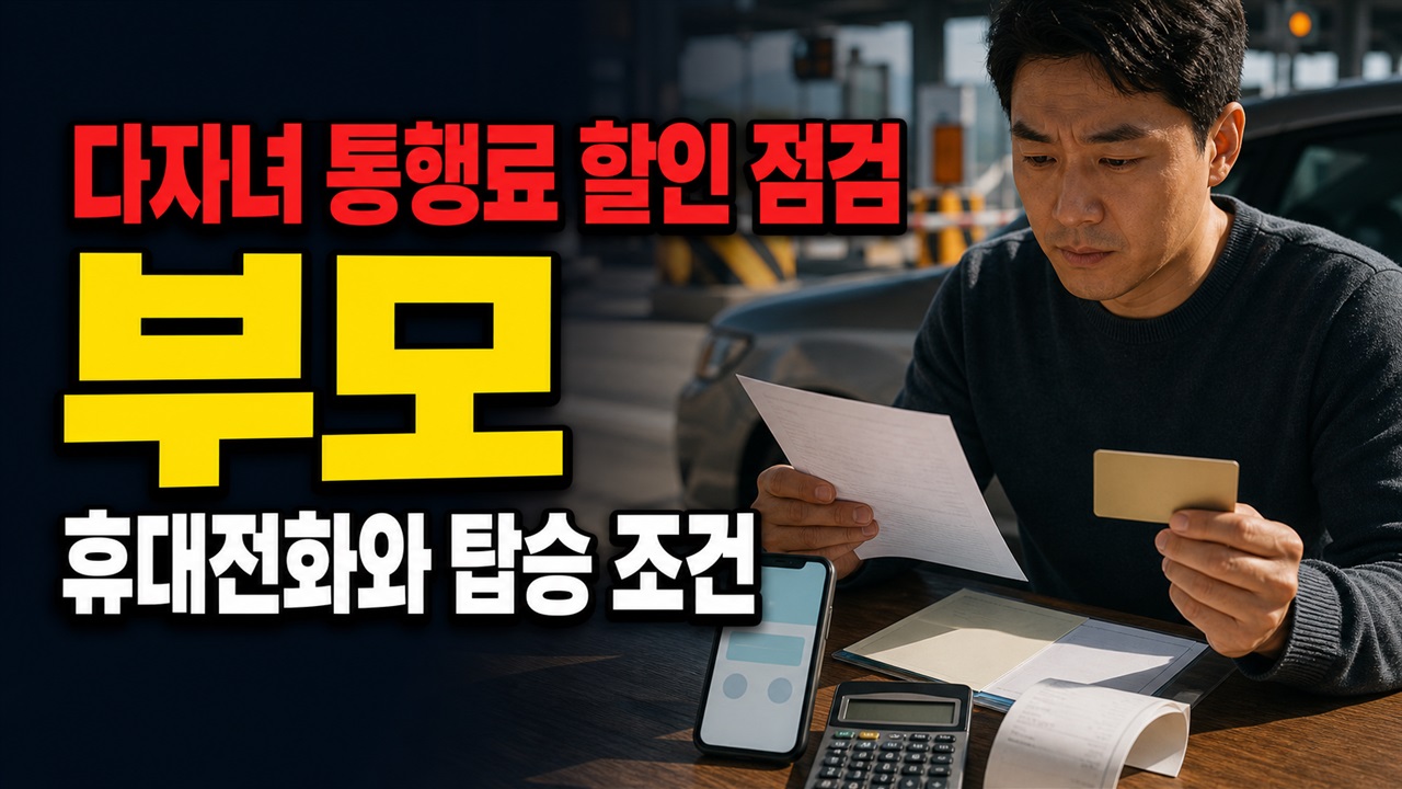 등록했는데 다자녀 통행료 할인이 안 됐다면? 부모 휴대전화와 탑승 조건 점검 관련 핵심 정보를 상징적으로 보여주는 썸네일 이미지