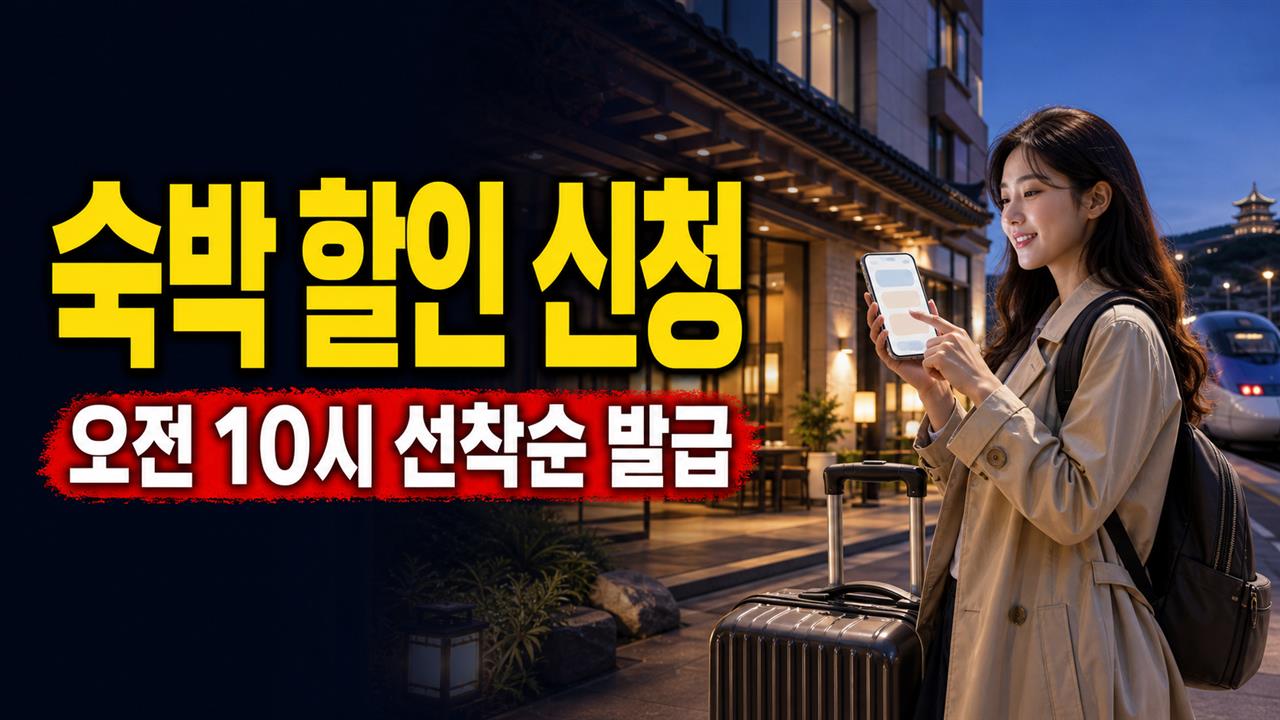 오전 10시 선착순 발급부터 결제까지, 숙박세일페스타 참여 여행사 예약 순서에서 보는 숙박세일페스타 7만원 연박 할인권 예약기한 관련 핵심 정보를 상징적으로 보여주는 썸네일 이미지