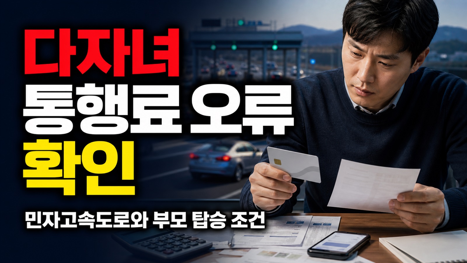 민자고속도로를 섞어 탔다면 제외? 부모 탑승까지 보는 다자녀 통행료 할인 오류 조건 관련 핵심 정보를 상징적으로 보여주는 썸네일 이미지