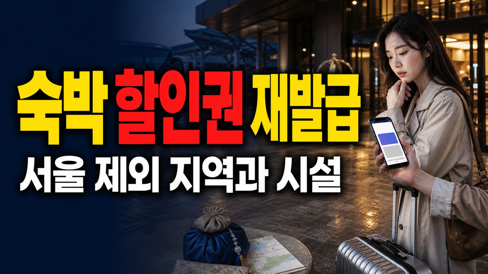 서울 숙소는 왜 안 될까? 인구감소지역 숙박세일페스타 제외 지역·시설 · 숙박세일페스타 연박 7만원 할인권 재발급 기준 관련 핵심 정보를 상징적으로 보여주는 썸네일 이미지