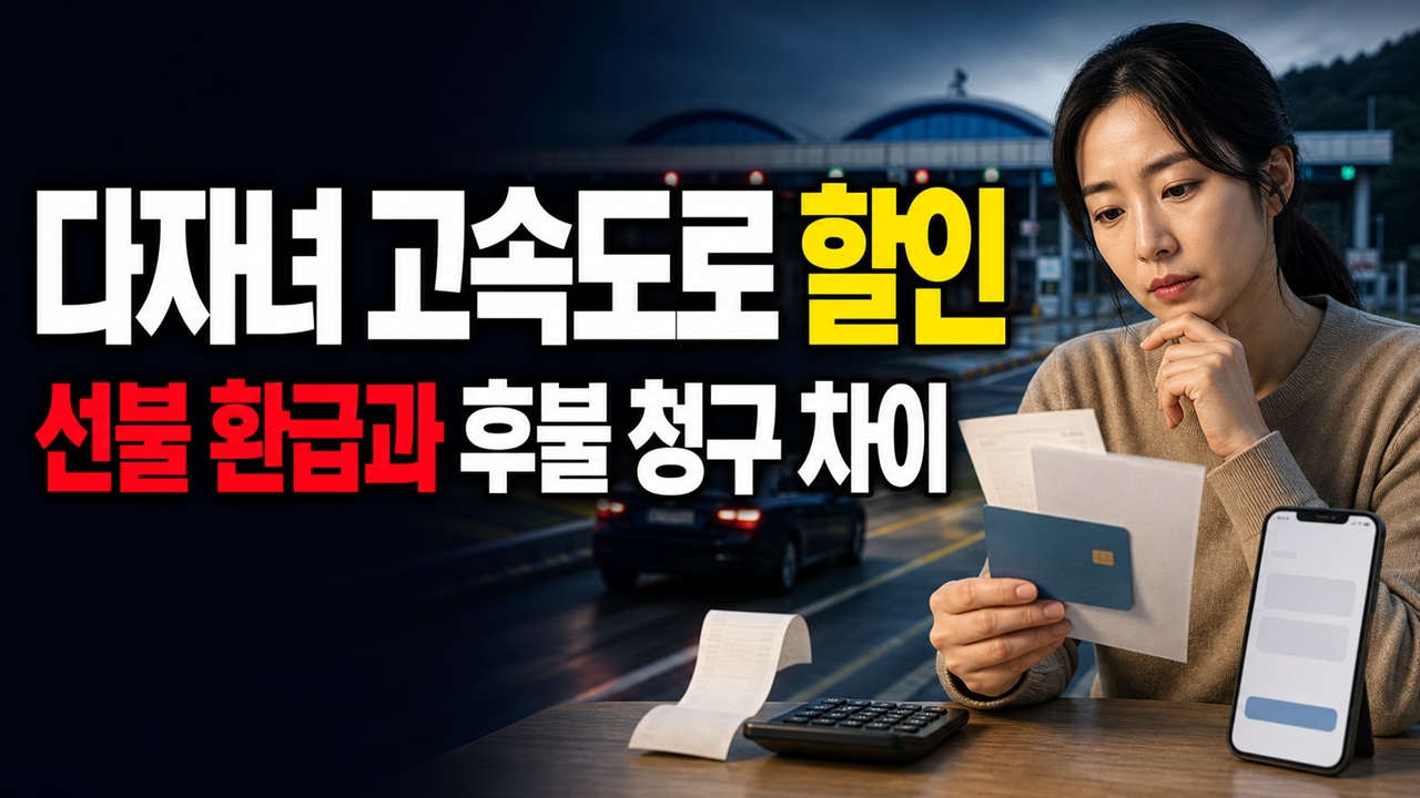 선불은 나중에 환급된다—다자녀 고속도로 할인 후불 청구 차이 관련 핵심 정보를 상징적으로 보여주는 썸네일 이미지