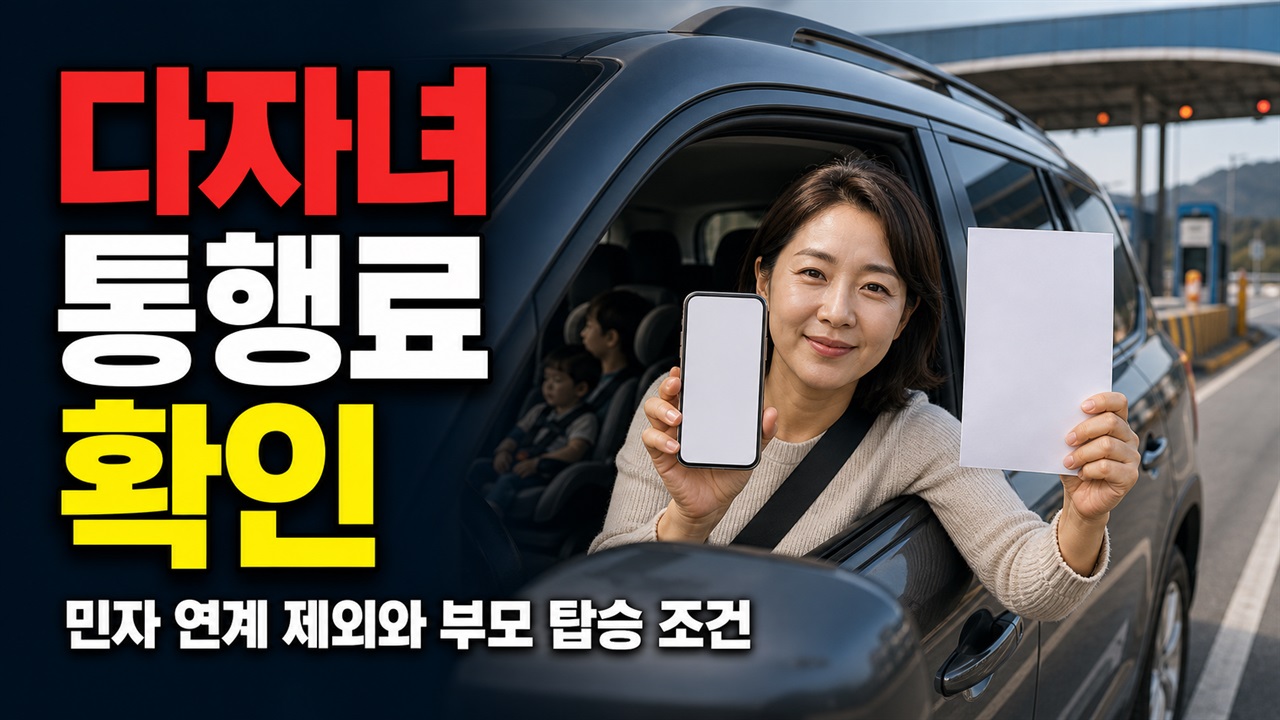 민자 연계 구간은 제외? 부모 탑승까지 확인하는 다자녀 통행료 조건 관련 핵심 정보를 상징적으로 보여주는 썸네일 이미지
