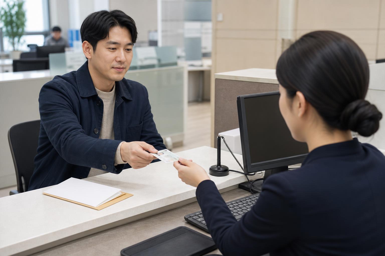 종이형은 신분증을 들고 금융기관에 방문합니다 내용을 설명하는 관련 이미지
