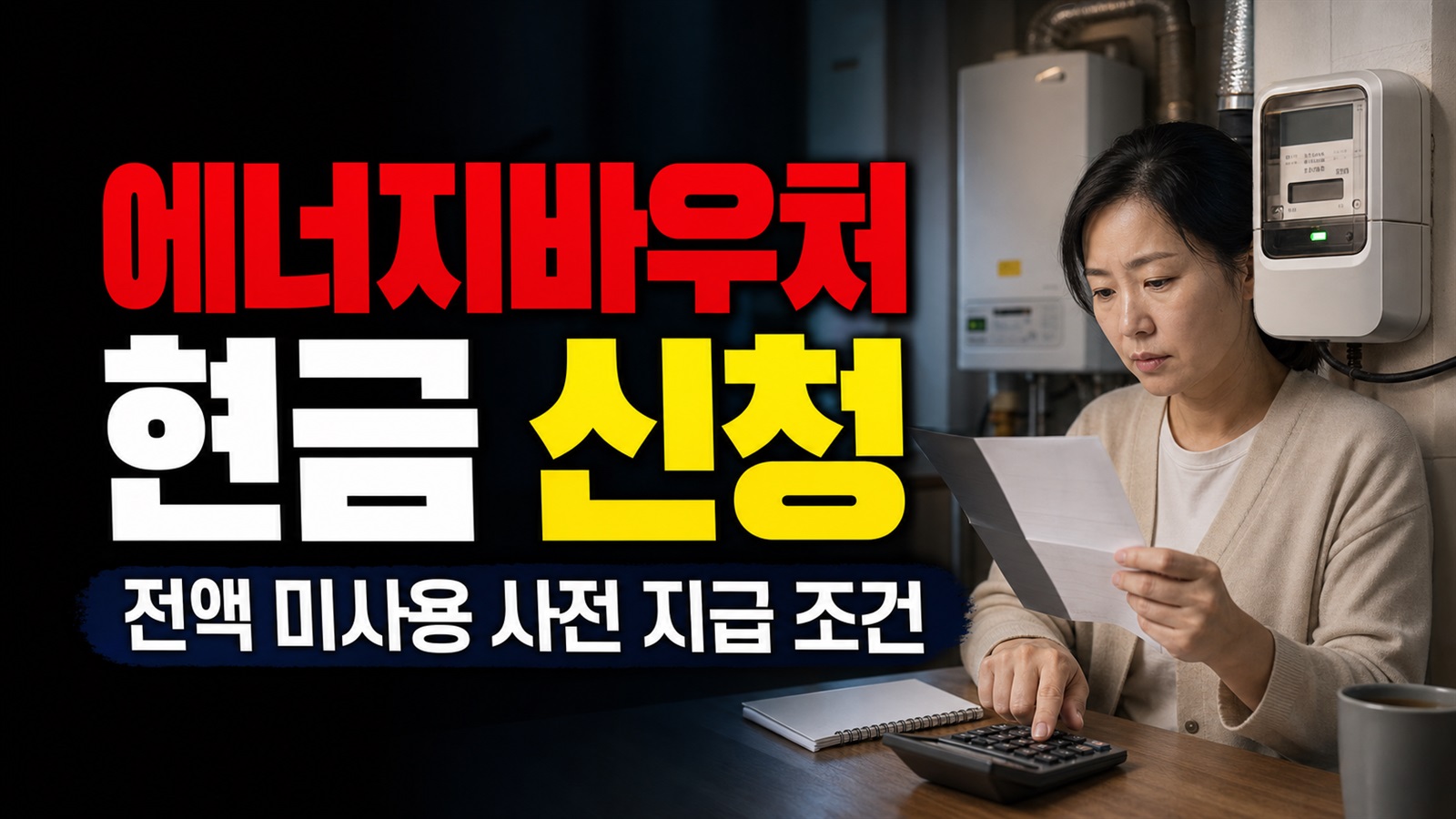 10월 말 전액 미사용 조건, 에너지바우처 사전 예외지급에서 놓치기 쉬운 기준 · 에너지바우처 월세 포함 현금 지급 신청 기준 관련 핵심 정보를 상징적으로 보여주는 썸네일 이미지