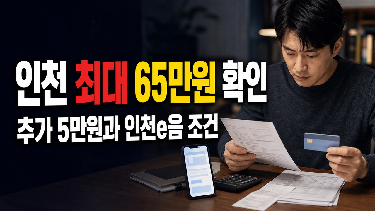 인천은 왜 최대 65만원일까? 고유가 피해지원금 추가 5만원과 인천e음 조건 관련 핵심 정보를 상징적으로 보여주는 썸네일 이미지