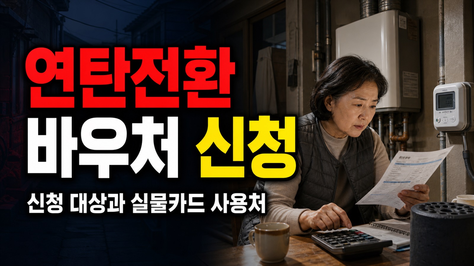 세대원이 많아도 같은 금액? 연탄전환 바우처 57만6000원과 실물카드 사용처｜연탄전환 에너지바우처 신청 대상 관련 핵심 정보를 상징적으로 보여주는 썸네일 이미지