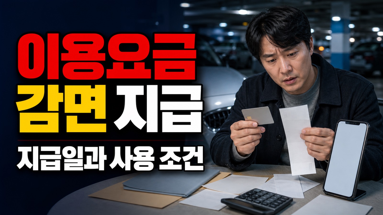 완료 뒤에도 확인할 공영주차장 이용요금 감면 지급일과 사용 조건 관련 핵심 정보를 상징적으로 보여주는 썸네일 이미지