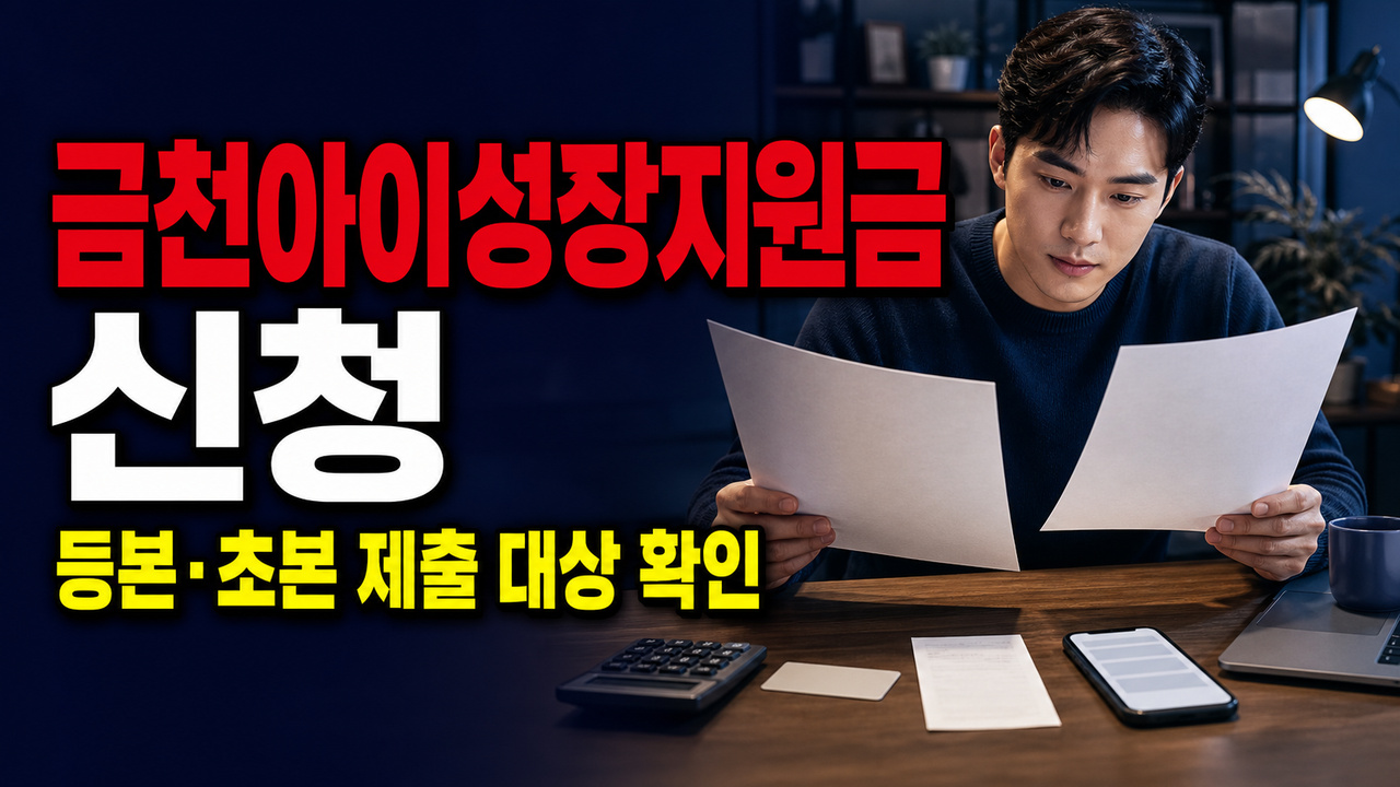 정부24로 신청하는 금천아이성장지원금, 등본·초본은 누가 제출해야 하나｜금천구 금천아이성장지원금 지원 관련 핵심 정보를 상징적으로 보여주는 썸네일 이미지