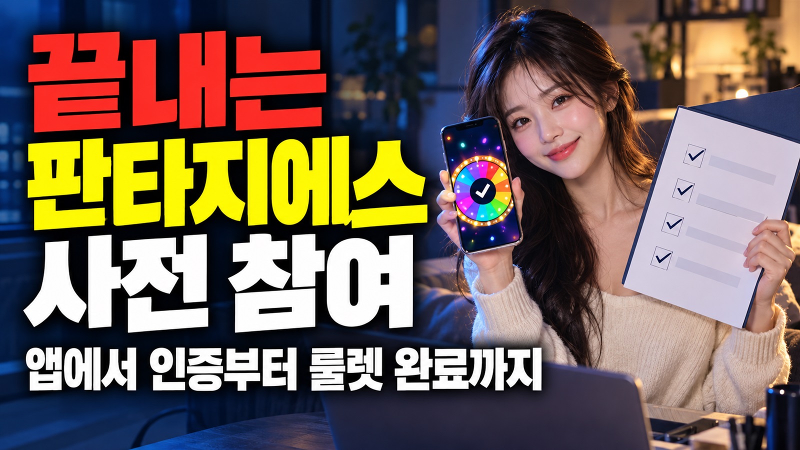 앱에서 끝내는 판타지에스 사전 참여, 인증부터 룰렛 완료까지 관련 핵심 정보를 상징적으로 보여주는 썸네일 이미지