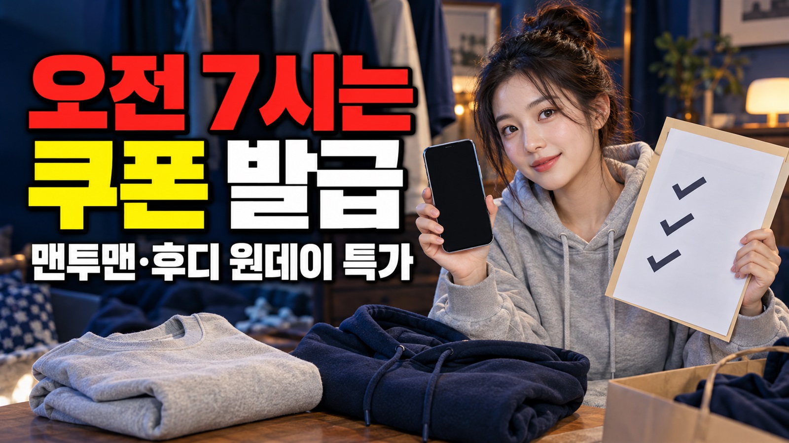 오전 7시는 쿠폰 발급 시간이 아니다? 쿠팡 맨투맨·후디 원데이 특가 관련 핵심 정보를 상징적으로 보여주는 썸네일 이미지