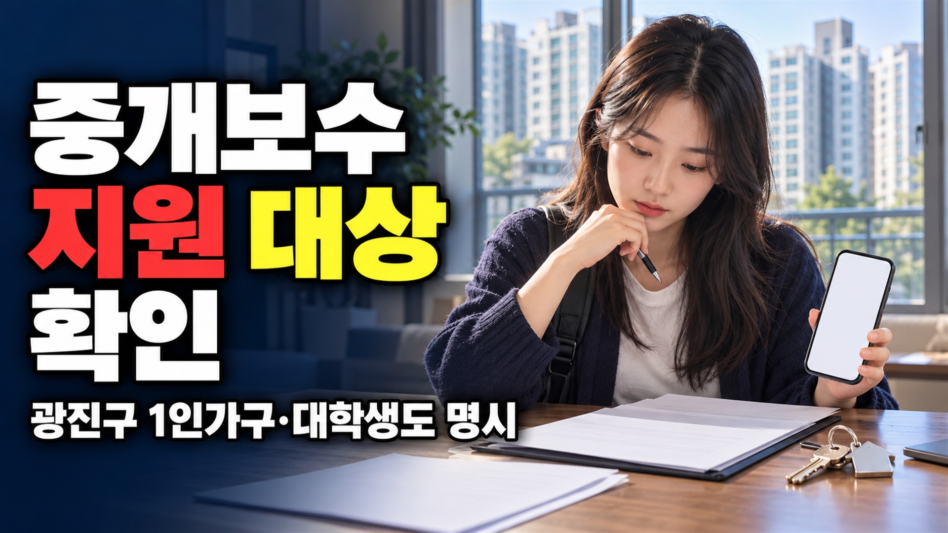 중개수수료 무료지원 서비스 1인가구·대학생도 명시된 광진구 중개보수 지원 대상 관련 핵심 정보를 상징적으로 보여주는 썸네일 이미지