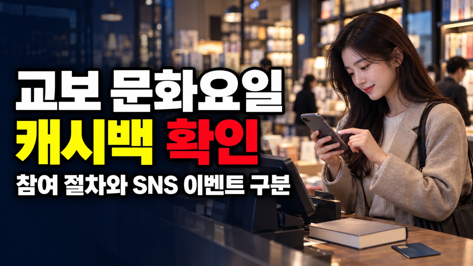결제 전 살펴볼 교보 문화요일 캐시백 참여 절차와 SNS 이벤트 구분 관련 핵심 정보를 상징적으로 보여주는 썸네일 이미지
