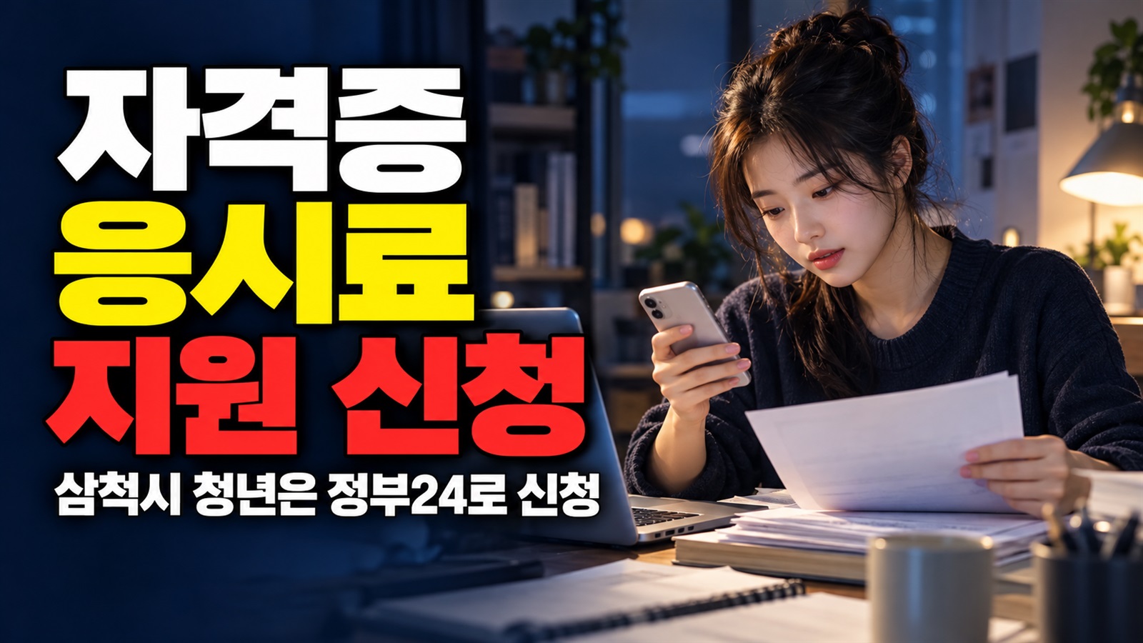 응시확인서와 영수증 준비 후 정부24로 신청하는 삼척시 청년 자격증 응시료 지원 관련 핵심 정보를 상징적으로 보여주는 썸네일 이미지