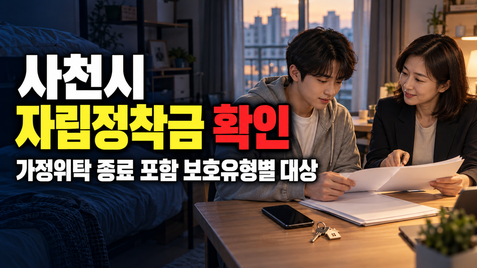 가정위탁 종료도 포함되는 사천시 자립정착금, 보호유형별 대상 기준｜퇴소아동 자립정착금 지원 관련 핵심 정보를 상징적으로 보여주는 썸네일 이미지