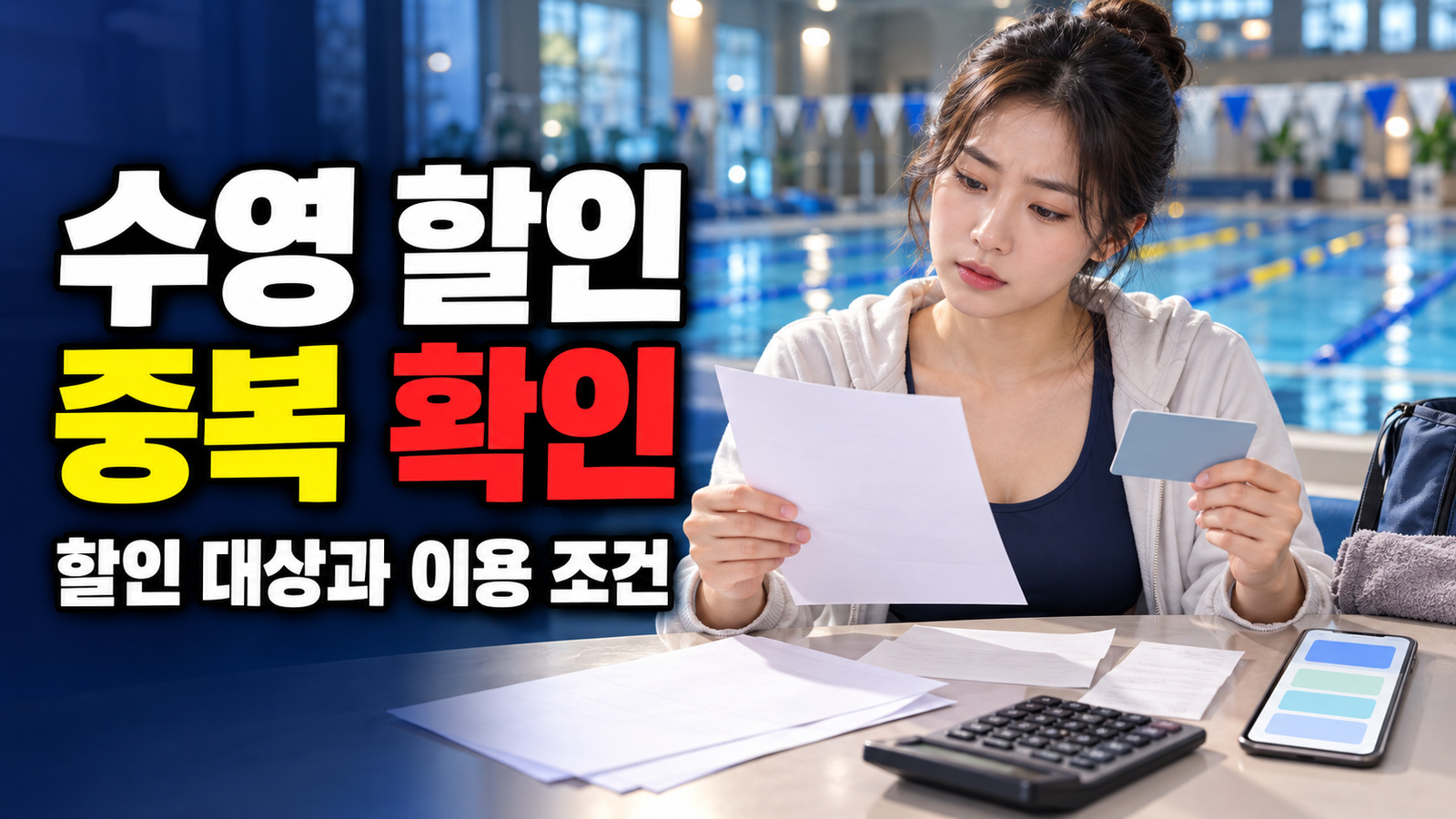 여성 수영회원 할인과 장기납부 감면을 더할 수 있나? 수영구국민체육센터 중복 제한 관련 핵심 정보를 상징적으로 보여주는 썸네일 이미지