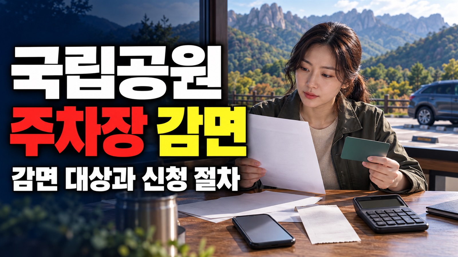 장애 정도에 따라 달라지는 국립공원 주차장 감면율, 100%와 50%의 기준 관련 핵심 정보를 상징적으로 보여주는 썸네일 이미지