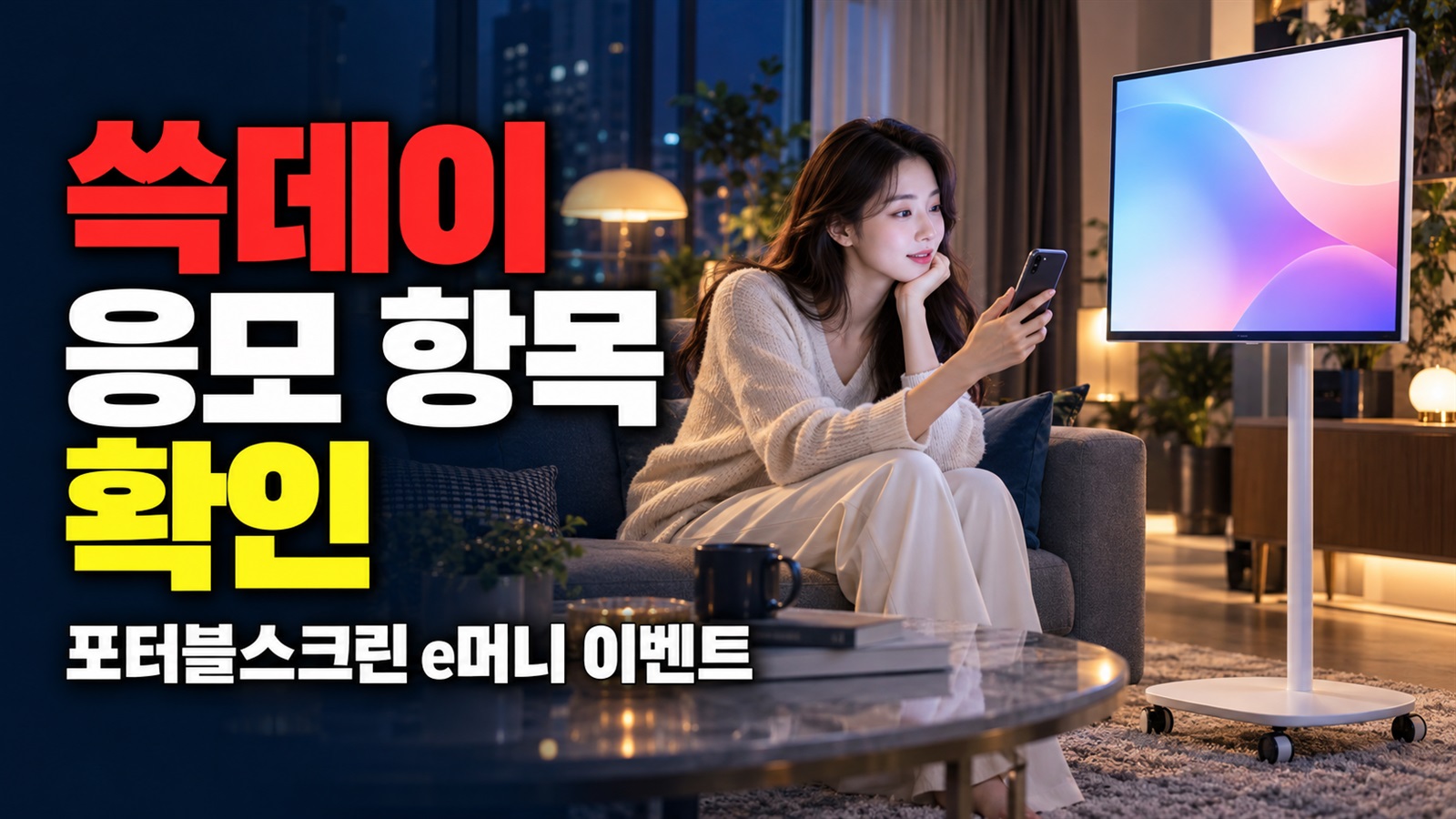 구매 전 살필 응모 항목, 쓱데이 포터블스크린 e머니 이벤트 관련 핵심 정보를 상징적으로 보여주는 썸네일 이미지